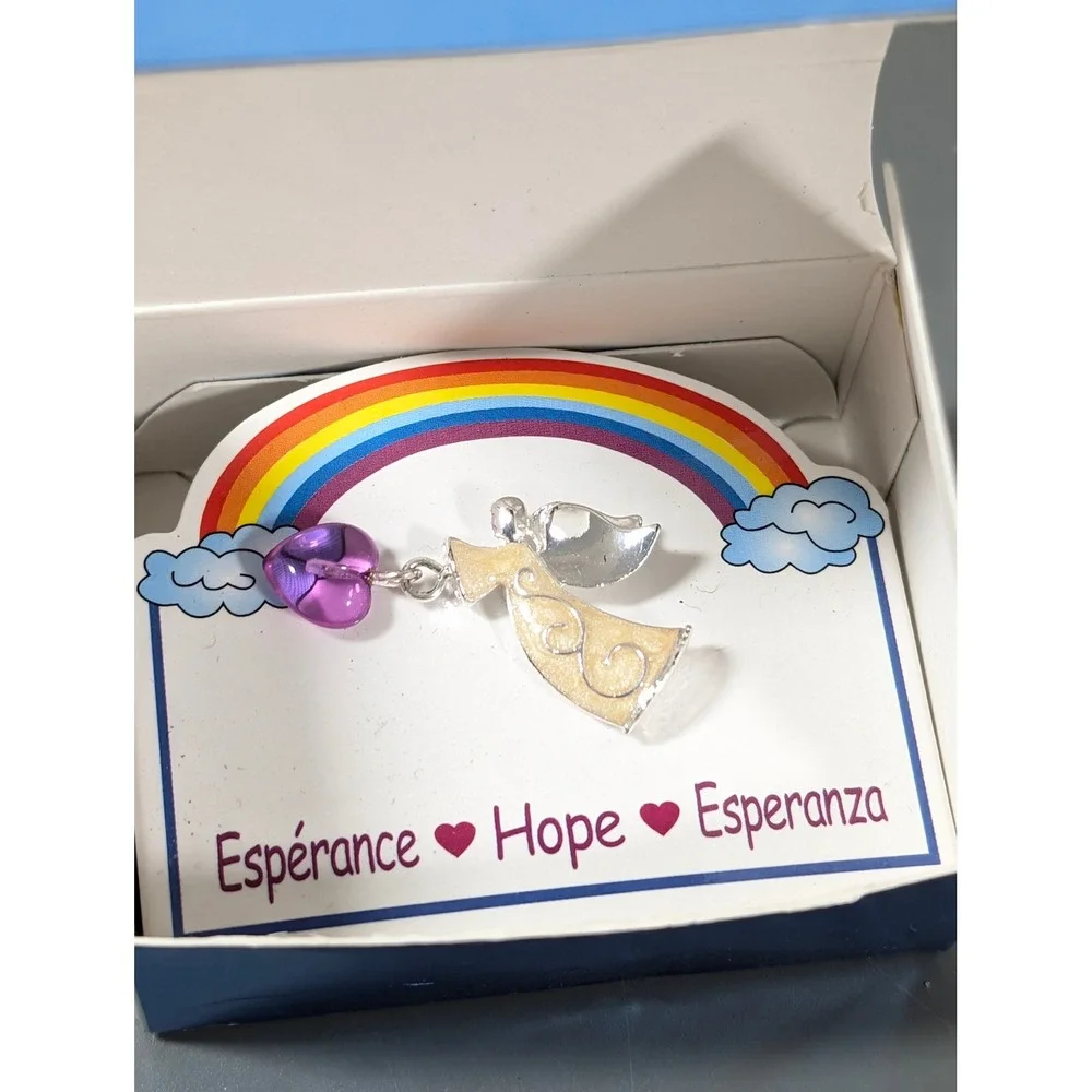 Avon 2003 Inspirational Angel Pin Purple Heart Charm White Enamel Brooch NIB